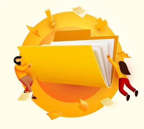 Small people flying around folder with. Documents and data protection. Illustrazione stock