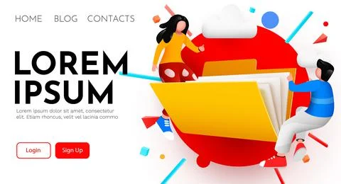 Small people flying around folder with. Documents and data protection. Stock Illustration