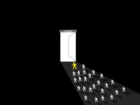 Small person running through opened door for carrer opportunity.isolated on b Illustrazione stock