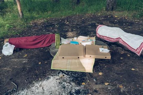 Small picnic in the forest with pizza boxes water bottle and other necessitie Stock Photos