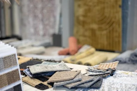Small pieces and samples of carpets are laid out on table in store Stock Photos