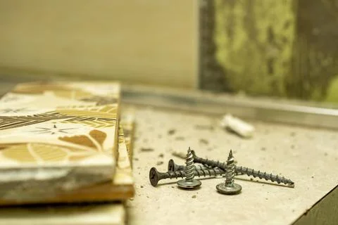 A small pile of self-tapping screws and some ceramic tiles for repairs lie .. Stock Photos