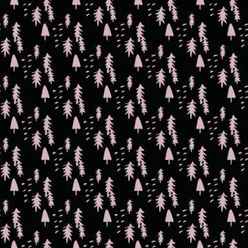 Small pink christmas trees on black background. Seamless pattern. Stock Illustration