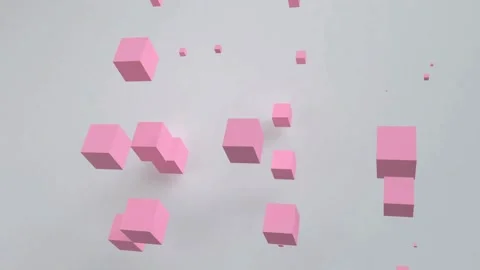 Small pink cubes float and rotate in white space Video stock 333114349