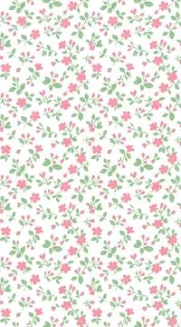 Small pink floral pattern with green leaves on white background. Illustrazione stock