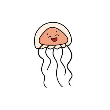 Small pink outline vector doodle cartoon smiling jellyfish. happy Sea jelly w Stock Illustration