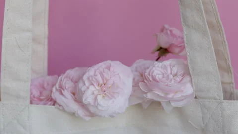 Small pink roses branches in eco shopping bag or small green cauldron Stock-Footage 228399807