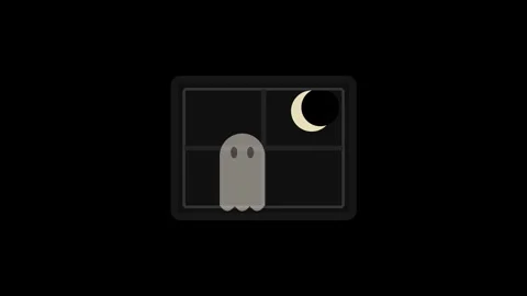 Small pixel art ghost blinking in a dark window at night Stock Footage 346591566
