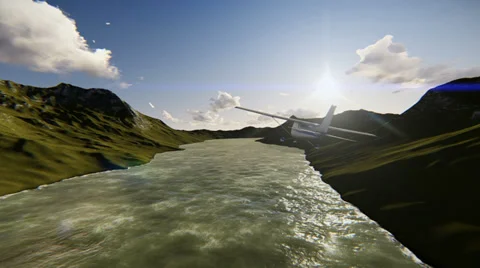 Small plane flying over a river Stock Footage 38045919