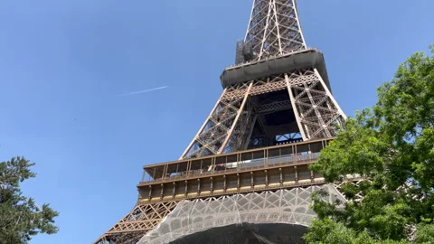 Small Plane Silhouettes Eiffel Tower Parisian Summer, Foreground Tree 1080p Stock Footage 252882300