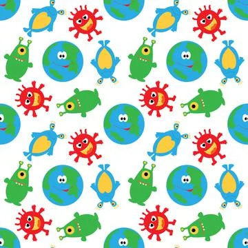 Small planet and funny multicolored aliens on a white seamless background. Stock Illustration