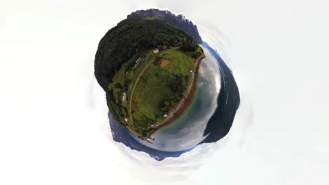 Small planet, tiny world aerial - arctic Norway fjord Stock Footage 140538314