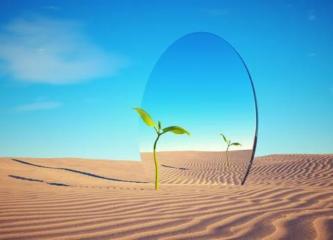 Small plant in the desert in front of a mirror. Start up and confidence con.. Stock Illustration