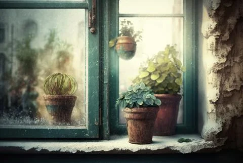A small plant pots displayed by the window. Stock Illustration