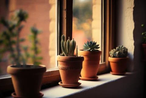 A small plant pots displayed by the window. Illustrazione stock