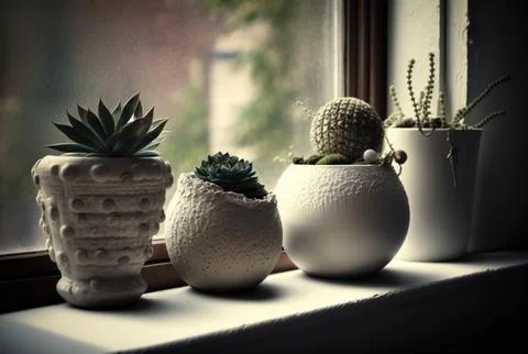 A small plant pots displayed by the window. Illustrazione stock