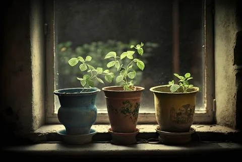 A small plant pots displayed by the window. Stock Illustration