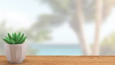 The small plant on wood table for Background concept 3d rendering. Stock Illustration