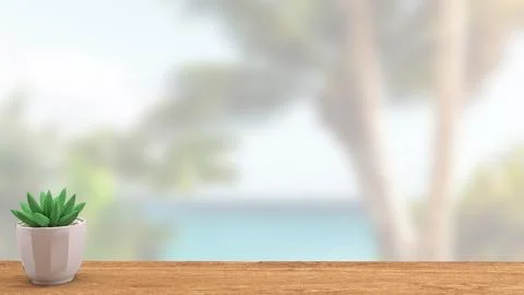 The small plant on wood table for Background concept 3d rendering. Illustrazione stock