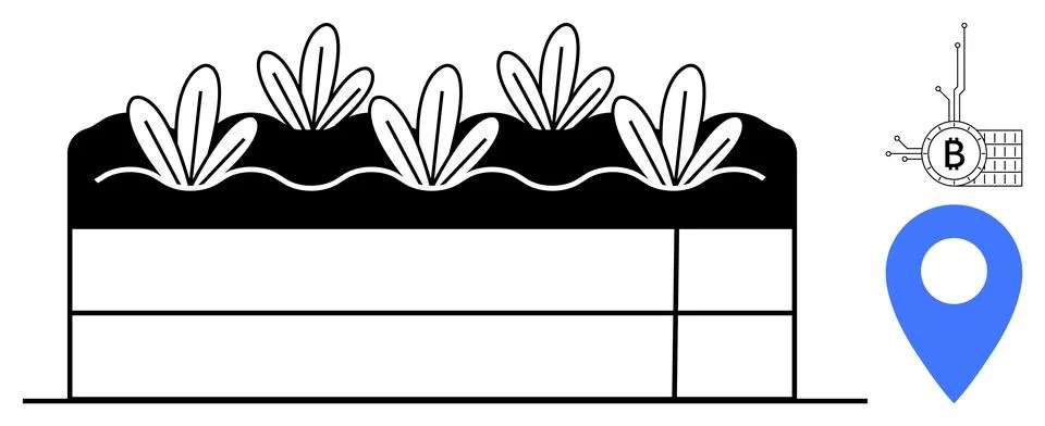 Small plants grow in a rectangular plot of soil with a Bitcoin symbol and a b Ilustración de archivo