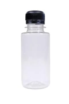 Small plastic bottle with black cap isolated on white background Stock Photos