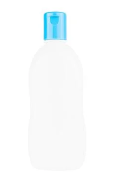Small plastic bottle of liquid soap with blue cap isolated on white background Stock Photos