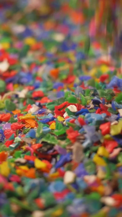 Small plastic fragments close up, vertical video. plastic waste, plastic Stock Footage 265876792