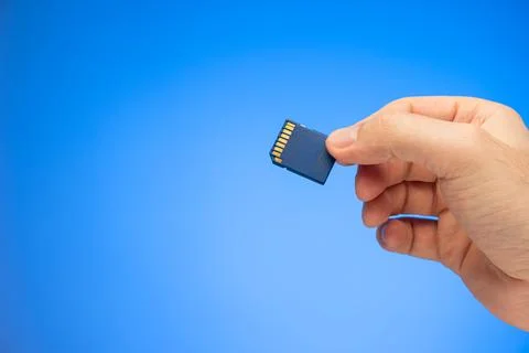 Small plastic SD memory card held in hand by Caucasian male hand studio shot  Stock Photos