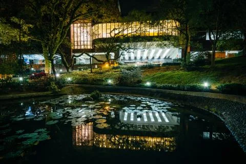 Small pond and modern buildings at night, from Hong Kong University, in Hong  Stock Photos