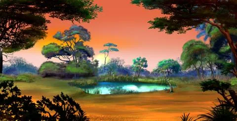 Small Pond on a Forest Glade at Dawn Ilustración de archivo