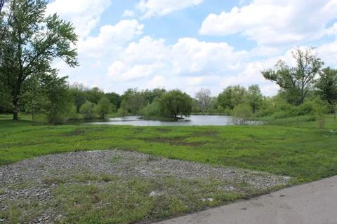 Small Pond with trees in the Middle with cloudy sky Stock Photos