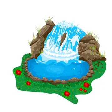 Small pond with a waterfall isolated on white background. Natural water. Stock Illustration
