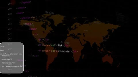 Small popup popping top-left, world map and code revealing profiles and coords, Stock Footage 334013820