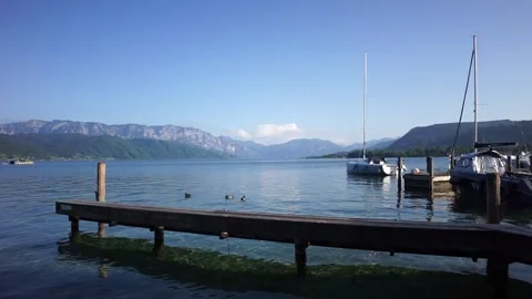 Small port on the background of the lake and mountains Stock Footage 243748769