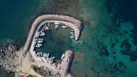 Small port on lake, top down aerial footage, su01 Stock Footage 106490921