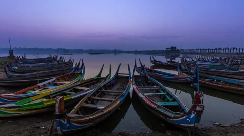 Small Port At U Pain (Bain) Bridge Landmark Place Of Myanmar And Sunrise Stock Footage 58810368