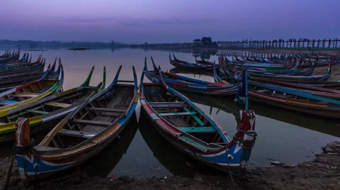 Small Port At U Pain (Bain) Bridge Landmark Place Of Myanmar And Sunrise Stock Footage 58822005