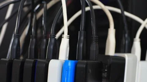 Small portable hard drives in stack connected to rear PC backup digital compu Stock Photos