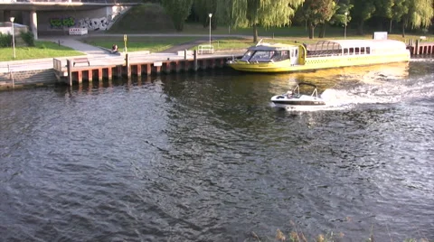 Small Powerboat going along river at Potsdam Stock Footage 42410761