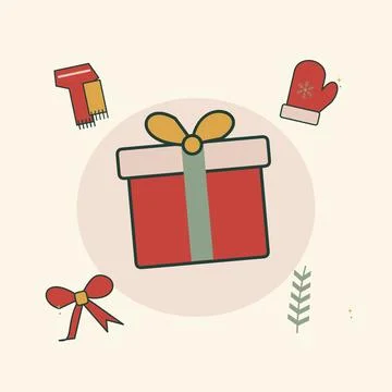 Small present with a knitted scarf and mittens. Decorative flat vector compos Stock Illustration