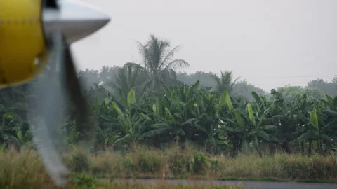 Small Private Airplane With Spinning Propeller Stand On Landing Strip In Jungle Stock Footage 261950503