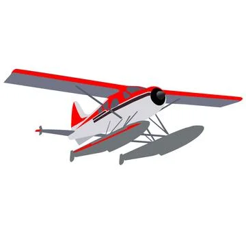 Small private seaplane on pontoons in gray-red coloring. Stock Illustration