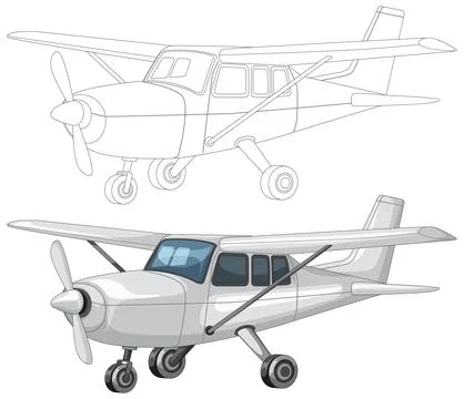 Small Propeller Airplane Vector with Outline and Color Versions Stock Illustration