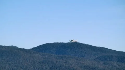 Small Propeller Plane Flying over Forested Hills on a Sunny Day TRACK Stock Footage 277583144