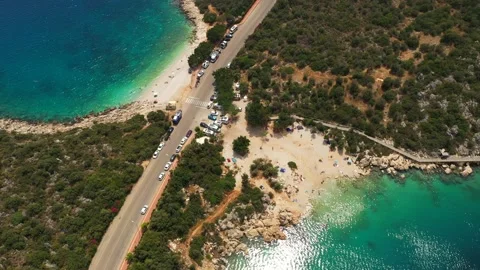 A small public beach in Kas, Turkey. Aerial view of cozy lagoon at mediterranean Stock Footage 220762798
