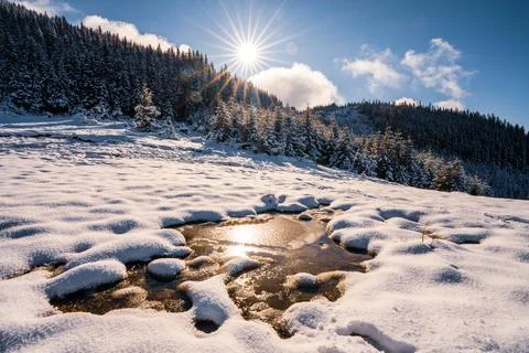 Small puddle of melted snow in the spring sun in the carpathian mountains 스톡 사진