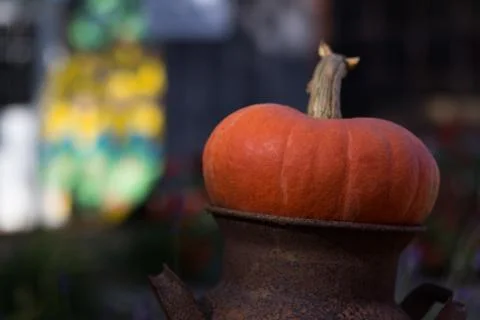 Small Pumpkin Sitting on a Rustic pot in the Autumn Season Stock Photos