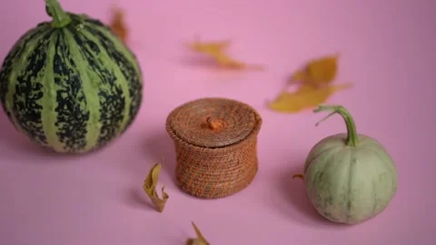 Small pumpkins and cute pine needle box with rain of leaves on rose background Video stock 142512865