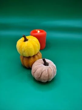 Small pumpkins on a green background. Side view. Stock Photos