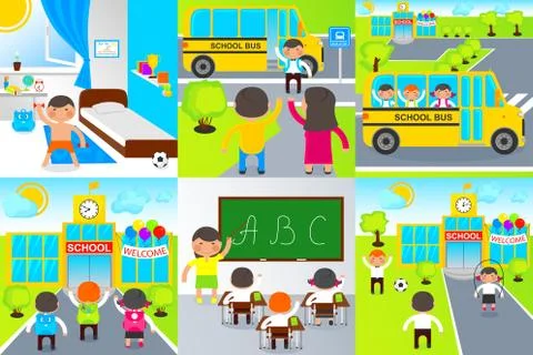Small pupils go to the first lesson in school Illustrazione stock